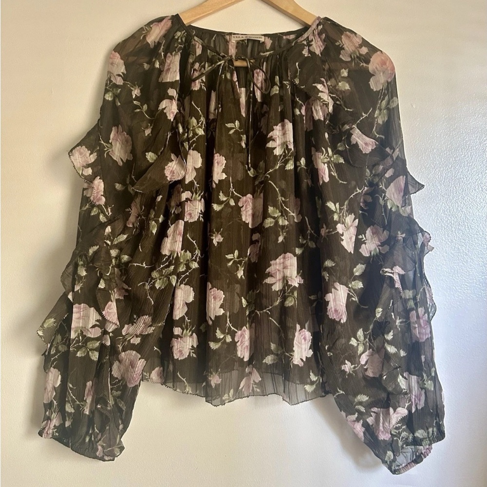Ulla Johnson Olive Floral Ruffle Tie-Neck Blouse with Pink Roses